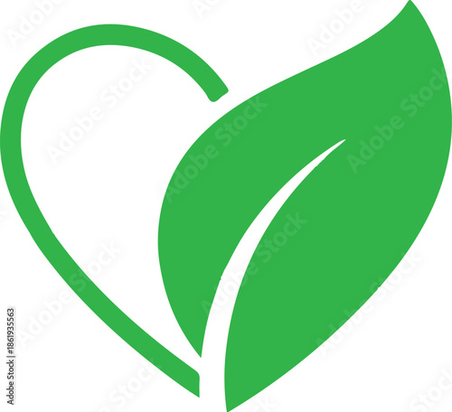 A minimalist green vector combining a heart outline with a vibrant leaf. This clean graphic symbol represents environmental love, eco-friendly values, and nature-inspired health.