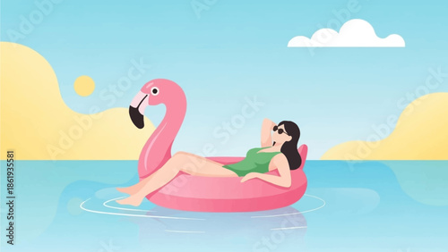 Woman relaxing on a pink flamingo float in the water under a sunny sky, enjoying summer vacation.