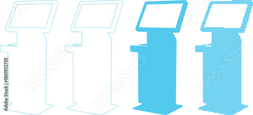 Four different styles of digital kiosk displays on pedestal stands for interactive user experience