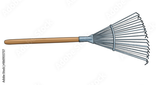 Traditional garden leaf rake with wide metal head and long wooden handle for yard maintenance and lawn care work.