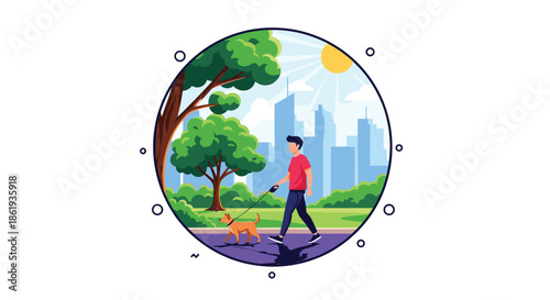 Young man wearing red shirt walks his dog in city park with skyscrapers and bright sun shining in the background sky.
