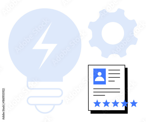Light bulb symbolizing innovation, gear for process optimization, and a document with a user profile and star rating for expertise evaluation. Ideal for creativity, skills assessment, business