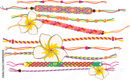 Vibrant Thread Bracelets and Tropical Flowers Set