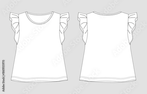 Ruffled Sleeve Top Flat Sketch Front and Back Views