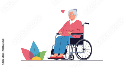 Elderly woman with grey hair sitting in wheelchair next to colorful autumn leaves represents senior care and health.
