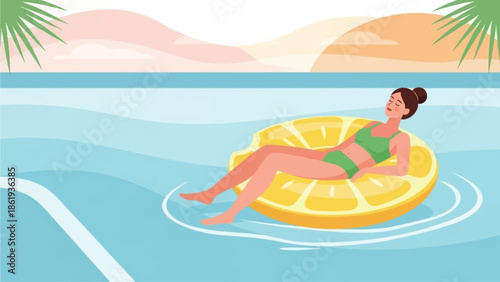 A woman in a green bikini relaxing on a lemon-shaped inflatable float in a swimming pool.