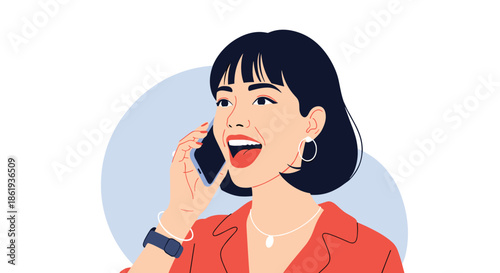 Joyful young woman with dark hair talking excitedly on her mobile phone against a simple light blue circular background.
