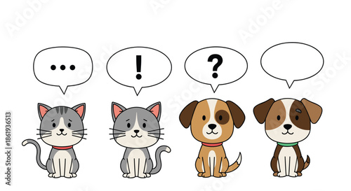 Group of four pets including two cats and two dogs sitting together with blank speech bubbles for custom messages or dialogue.