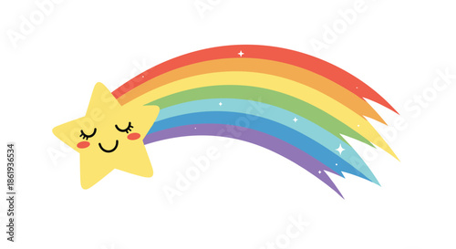 Happy smiling yellow shooting star with a colorful rainbow tail and small white sparkles in a clear sky for a magical theme.