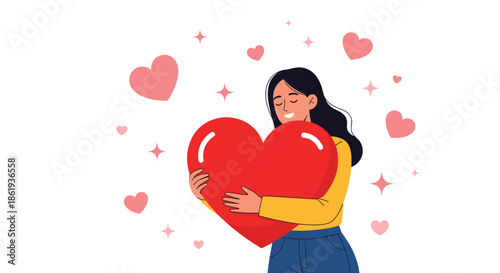 Young woman lovingly hugging a giant red heart symbol surrounded by small pink hearts and stars on a white background.
