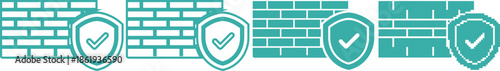 Teal shield icons with checkmarks on brick wall backgrounds for security and protection concepts
