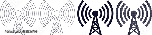 Various cellular tower icons with signal waves in different styles and colors