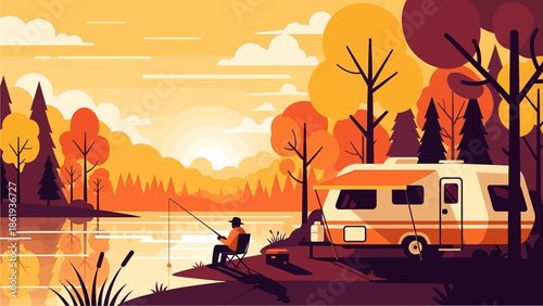 A person fishing by a lake with an RV parked in a warm, illustrative sunset landscape, enjoying nature's tranquility.