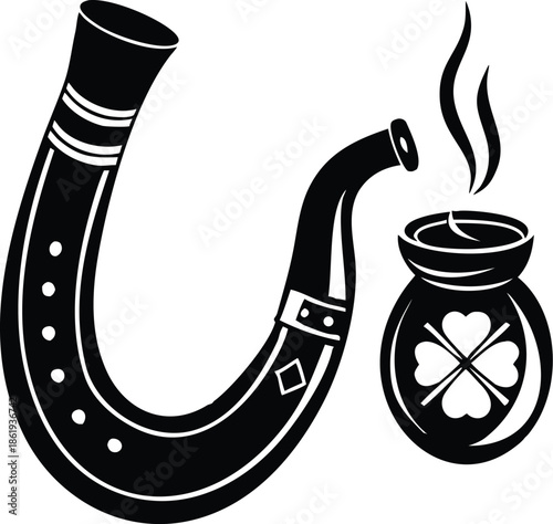 Detailed Silhouette Of A Pipe And A Horseshoe For Irish Luck