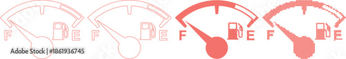 Various Fuel Gauge Icons Indicating Low Gasoline Levels in Different Styles and Colors