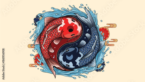 Vibrant red and blue koi fish forming a yin yang symbol with splashing water and traditional Japanese elements.