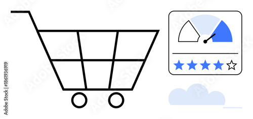 E-commerce concept. E-commerce with shopping cart icon and customer satisfaction rating dashboard. E-commerce showing digital shopping convenience and user feedback. For online retail, UX, feedback