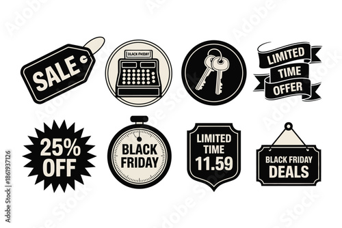 Collection of marketing icons for sales and promotions, including price tags, timers, and special offers.