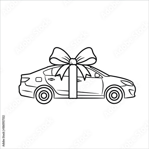 Outline drawing of a modern sedan car wrapped with a large festive ribbon bow as a grand gift