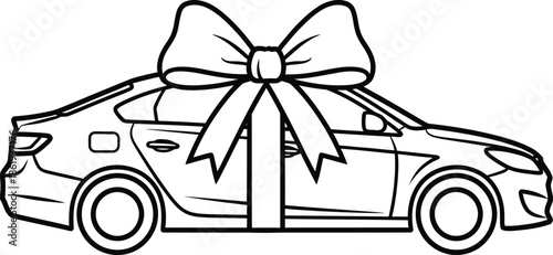 A brand new car presented as a special gift, wrapped with a large decorative bow
