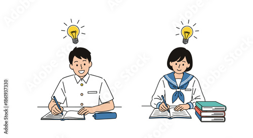 Group of diligent high school students studying at their desks and experiencing a bright spark of creative inspiration or a new idea.