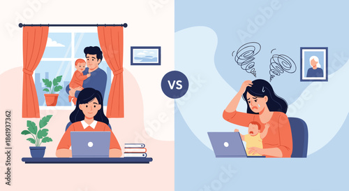 Visual comparison showing a happy woman balancing work and family versus a stressed mother struggling to work while caring for her crying baby.