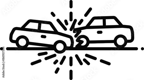 Road incident: a black line icon depicting two cars crashing into each other