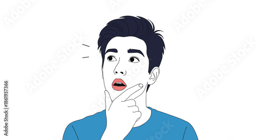 Handsome young man looking upwards with a thoughtful expression and his hand on his chin while contemplating a new idea or a solution.