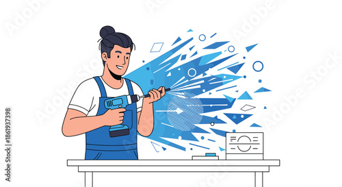 Skilled male craftsman in blue overalls using an electric drill at a workbench with abstract energy fragments flying in the background.