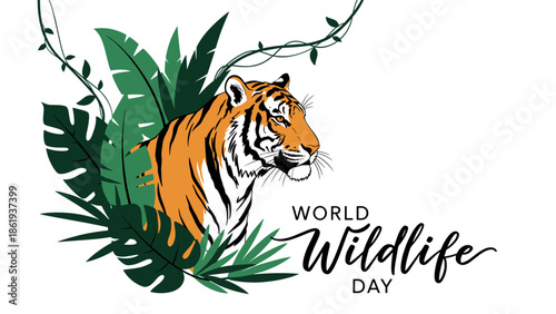 Stylized illustration of a tiger's head among tropical leaves for World Wildlife Day in vibrant colors