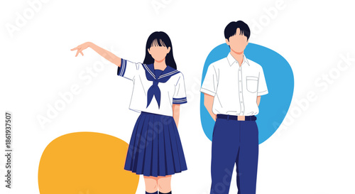 Pair of high school students in navy blue and white uniforms standing together while the female student points towards the side.
