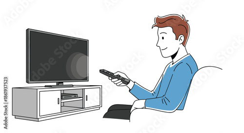 Relaxed man sitting on a comfortable white sofa and using a remote control to watch television in a simple living room setting.
