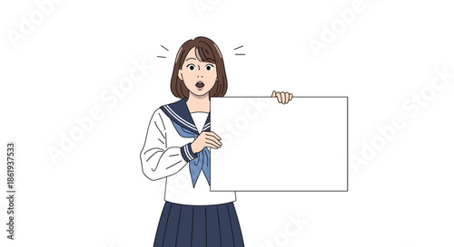Surprised female high school student in a sailor-style uniform holding a blank white board for news, announcements, or important messages.