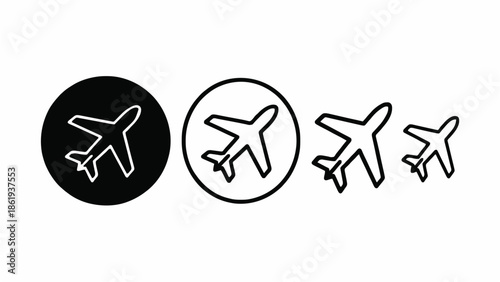 Four minimalist airplane icons are presented in clean line art style, featuring variations with circular frames and standalone outlines, ideal for symbolizing global travel and aviation.