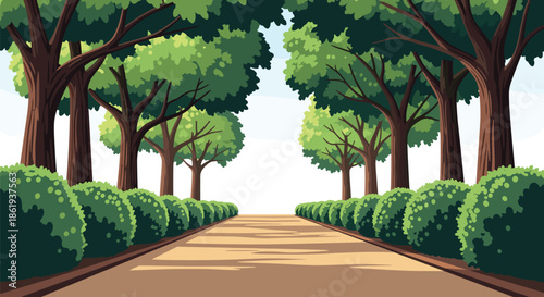 Serene landscape illustration showing a clean walking path lined with lush green trees and manicured bushes in a beautiful public park.