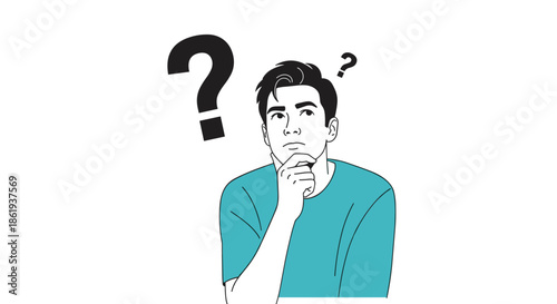 Young man looking confused and thoughtful with a large black question mark floating above his head as he seeks a solution or an answer.