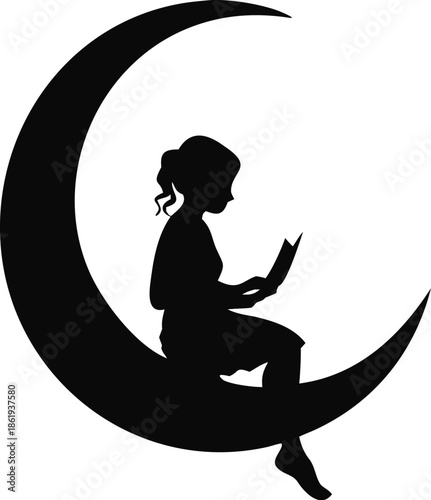 Girl Sitting On A Crescent Moon Reading A Book