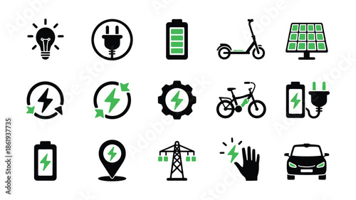 Green Renewable Energy and Sustainable Power Icons - Minimalist Vector Symbols for Solar Energy, Electric Vehicles, and Eco Technology