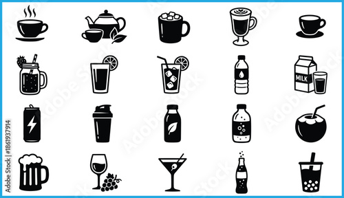 Set of 20 black line beverage icons including coffee, juice, cocktails, smoothies, and bubble tea for vector illustration content
