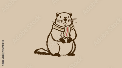 Charming groundhog wearing a scarf with a friendly expression for Groundhog Day