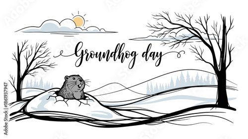 Groundhog Day scene featuring a groundhog on a hill with trees and sun in winter landscape