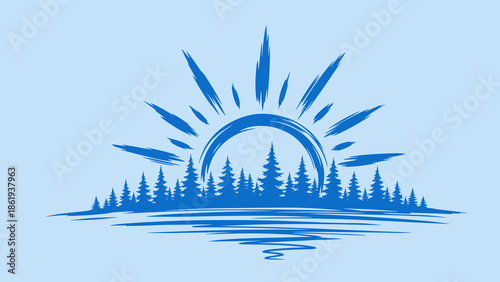 Winter forest landscape with sun 