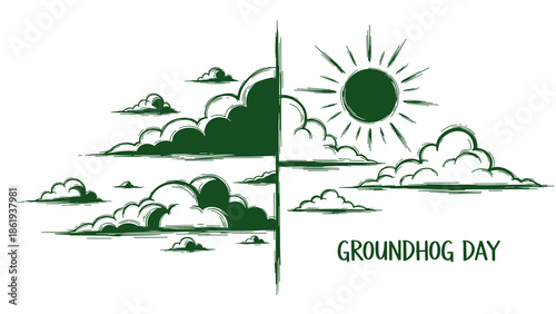 Groundhog Day illustration depicting sun and clouds with symbolic meaning of weather prediction