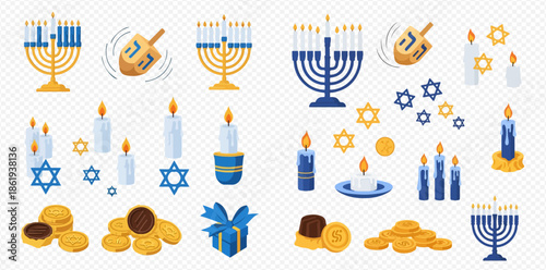Hanukkah celebration icons set with menorahs, dreidels, candles, gelt, and Star of David.