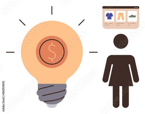 Lightbulb with dollar sign conveys business ideas and profitability. Woman silhouette and e-commerce webpage reflect user-focused shopping. Ideal for retail, innovation, entrepreneurship, e-commerce