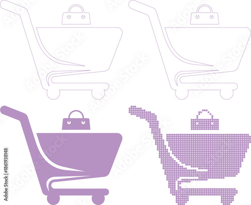 Four shopping cart icons with handbags in various purple line and dot styles on white