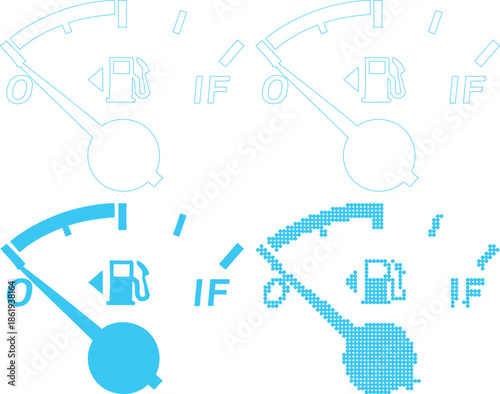 Fuel gauge icons in different styles and colors on white background