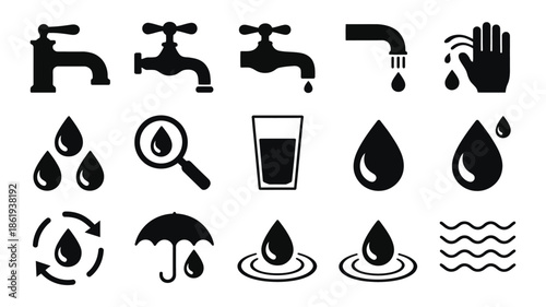 Water Supply and Plumbing Service Icons - Black Vector Symbols for Faucet Leaks, Water Drops, and Sustainable Resource Management