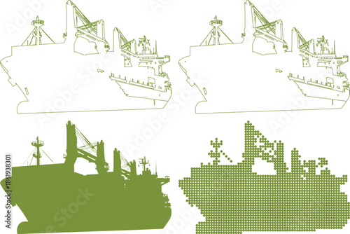 Green cargo ship illustrations with cranes and container terminals in various styles