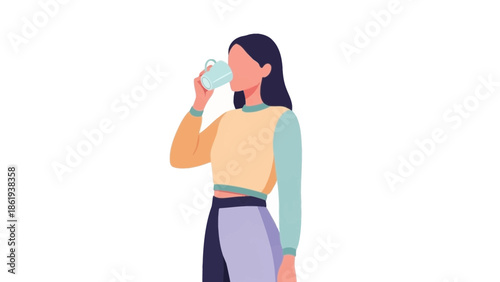 Woman Drinking Water from a Bottle in a Simple Illustration Style
